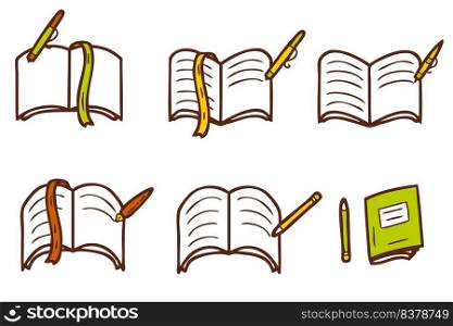 School university textbook icons collection. Learning and writing symbol doodle set. Hand drawn vector illustration for decor and design.