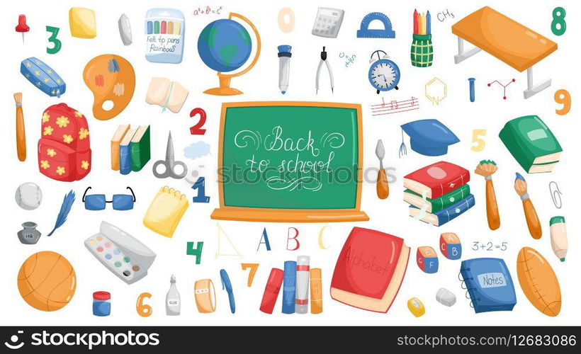 School vector elements collection. Childrens cute school elements vector flat collection. Pencil, books, bag, globe, stationery, textbooks and notebooks. White background.. School vector elements collection. Childrens cute school elements vector flat collection. Pencil, books, bag, globe, stationery, textbooks and notebooks. White background