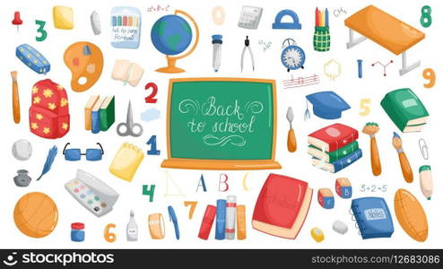 School vector elements collection. Childrens cute school elements vector flat collection. Pencil, books, bag, globe, stationery, textbooks and notebooks. White background.. School vector elements collection. Childrens cute school elements vector flat collection. Pencil, books, bag, globe, stationery, textbooks and notebooks. White background