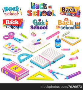School vector, isolated book and textbook, notebook and pencil. Glue and ruler, scissors and palette with paint crayons. Discipline education. Back to school concept. Flat cartoon isometric 3d. Back to School Books and Supply, Education Set