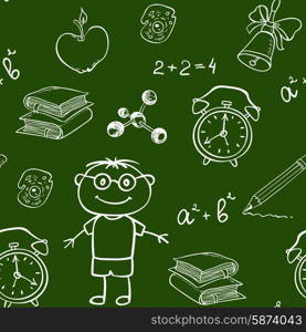 School vector seamless pattern with various items on a chalkboard