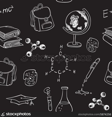 School vector seamless pattern with various items on a chalkboard
