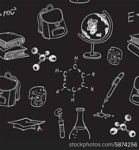School vector seamless pattern with various items on a chalkboard