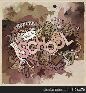 School watercolor cartoon hand lettering and doodles elements background. Vector illustration. School watercolor cartoon hand lettering and doodles elements
