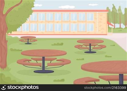 School yard flat color vector illustration. Outdoor campus space with tables and benches. Cafeteria outside for students. College 2D cartoon exterior with educational building on background. School yard flat color vector illustration