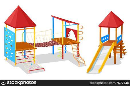 School yard, playground object, slide and rope, climb wooden equipment. Young active, game palace with roof, metal hill, children symbol, joy vector. Game Place with Rope and Hill, Playground Vector