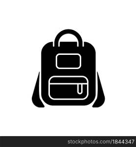 Schoolbag black glyph icon. Bag for carrying books and stationery items. Backpack for school. Storing essential stationery supplies. Silhouette symbol on white space. Vector isolated illustration. Schoolbag black glyph icon