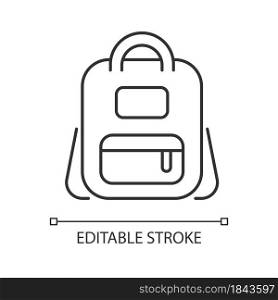 Schoolbag linear icon. Bag for carrying books and stationery items. Backpack for school. Thin line customizable illustration. Contour symbol. Vector isolated outline drawing. Editable stroke. Schoolbag linear icon