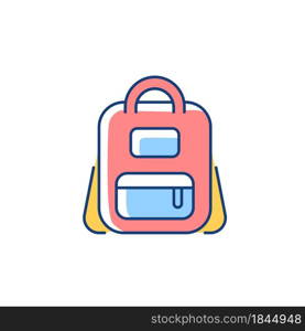 Schoolbag RGB color icon. Bag for carrying books and stationery items. Backpack for school. Storing essential stationery supplies, textbooks. Isolated vector illustration. Simple filled line drawing. Schoolbag RGB color icon