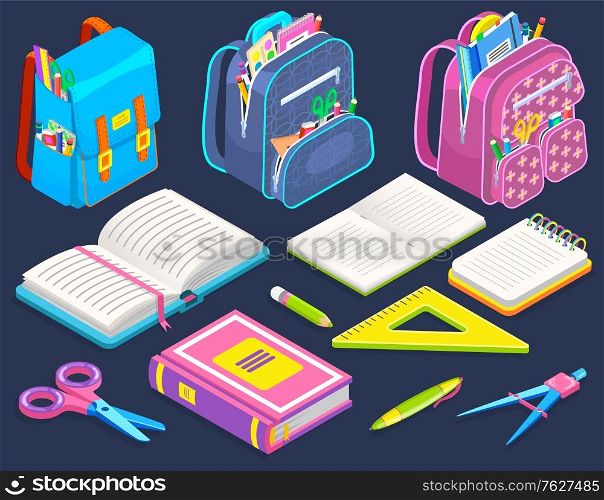 Schoolbags with stationery isolated on background. Opened book and notebooks. There are stuff on vector pencil and pen, ruler and scissors. Back to school concept. Flat cartoon isometric 3d. Schoolbags and Stationery, School Stuff Isolated