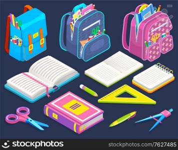 Schoolbags with stationery isolated on background. Opened book and notebooks. There are stuff on vector pencil and pen, ruler and scissors. Back to school concept. Flat cartoon isometric 3d. Schoolbags and Stationery, School Stuff Isolated