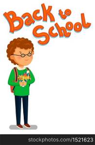 Schoolboy and Back to school text vector template. Happy reddish schoolboy with backpack holding bouquet of flowers for his teacher. Elementary school student. Flat cartoon illustration. First school year. Back to school. Vector illustration. Schoolboy vector. Happy schoolboy with backpack holding bouquet of flowers for his teacher. Flat cartoon illustration. First school year. Back to school.