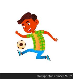 Schoolboy Child Playing Football Sport Game Vector. Latin School Boy Enjoying And Playing Soccer With Football Ball Sportive Accessory On Playground. Character Flat Cartoon Illustration. Schoolboy Child Playing Football Sport Game Vector