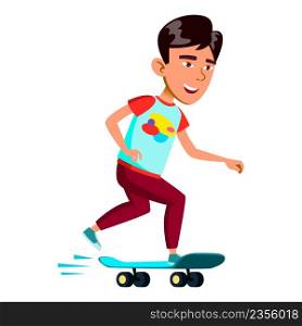 Schoolboy Child Riding Skateboard Sport Vector. Asian School Boy Kid Ride Skateboard In Extreme Park. Happy Character Skateboarding Outdoor, Energy Activity Flat Cartoon Illustration. Schoolboy Child Riding Skateboard Sport Vector