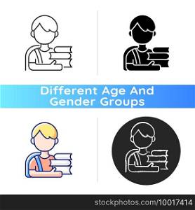Schoolboy icon. Early childhood development. Elementary school. Early adolescence. Physical, thought and emotional changes. Linear black and RGB color styles. Isolated vector illustrations. Schoolboy icon