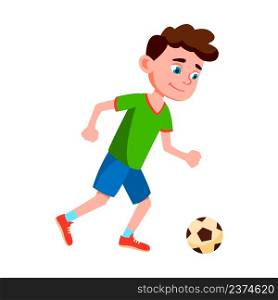 Schoolboy Kid Playing Soccer On Stadium Vector. School Boy Child Play Soccer Team Game And Kick Football Ball On Field. Preteen Character Player Sport Competition Flat Cartoon Illustration. Schoolboy Kid Playing Soccer On Stadium Vector