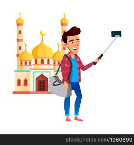 Schoolboy Make Selfie On Smartphone Camera Vector. Asian School Boy Traveling And Making Photography On Mobile Phone Digital Camera. Character Vacation Photo Flat Cartoon Illustration. Schoolboy Make Selfie On Smartphone Camera Vector