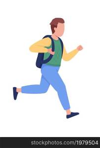 Schoolboy running to school semi flat color vector character. Full body person on white. Arriving late to class isolated modern cartoon style illustration for graphic design and animation. Schoolboy running to school semi flat color vector character