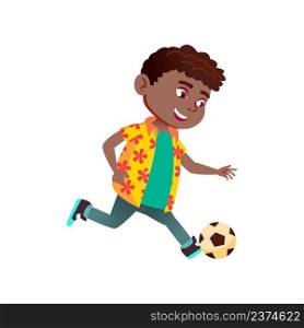 Schoolboy Running With Ball On Stadium Vector. African School Boy Run And Kick Soccer Ball On Field Playground And Playing Football With Friend. Character Sport Training Flat Cartoon Illustration. Schoolboy Running With Ball On Stadium Vector