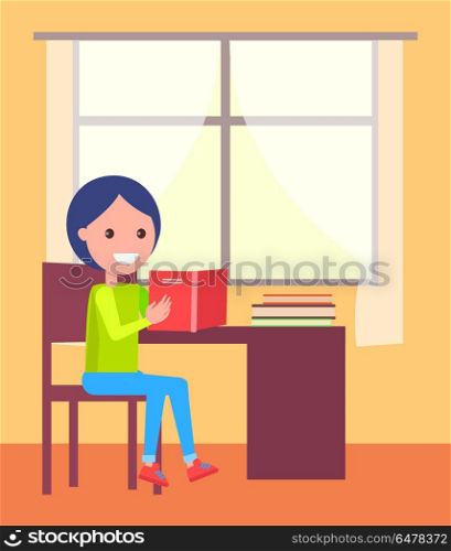 Schoolboy Sits with Open Book near Window Vector. Schoolboy sitting with open book near window at daytime, pupil study literature at school, vector illustration of boy with book