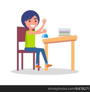 Schoolboy Sitting at Desk Icon Vector Illustration. Minimalistic vector poster of schoolkid sitting at school table with different colorful books and copybooks, holding flask with light-blue liquid.