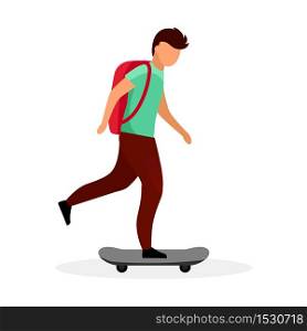 Schoolboy skateboarding flat vector illustration. Skateboarder, skater. Teenage boy with backpack riding skate cartoon character isolated on white background. Modern school kid, child have fun