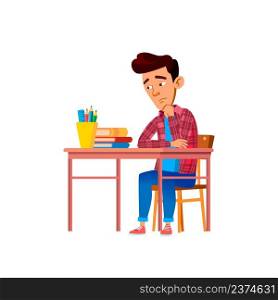 Schoolboy Teenager Thinking About Knowledge Vector. Pensive Asian Boy Student Sitting At Table And Thinking For Exercising Or Reading Educational Book Literature. Character Flat Cartoon Illustration. Schoolboy Teenager Thinking About Knowledge Vector