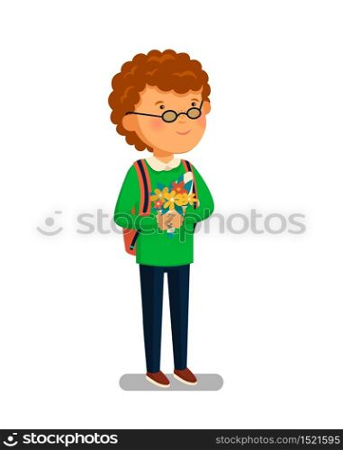 Schoolboy vector. Happy schoolboy with backpack holding bouquet of flowers for his teacher. Elementary school student. Flat cartoon illustration. First school year. Back to school. Vector illustration. Schoolboy vector. Happy schoolboy with backpack holding bouquet of flowers for his teacher. Flat cartoon illustration. First school year. Back to school.