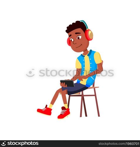 Schoolboy Watch Movie On Smartphone Screen Vector. African School Boy Sitting On Chair And Watching Video On Smartphone Display And Headphones. Character Entertainment Flat Cartoon Illustration. Schoolboy Watch Movie On Smartphone Screen Vector