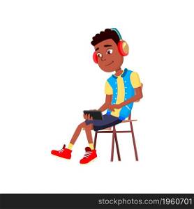 Schoolboy Watch Movie On Smartphone Screen Vector. African School Boy Sitting On Chair And Watching Video On Smartphone Display And Headphones. Character Entertainment Flat Cartoon Illustration. Schoolboy Watch Movie On Smartphone Screen Vector
