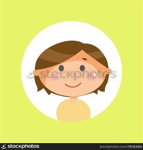 Schoolboy with long brown hair, child or kid avatar vector. Boy child with round head and plump cheeks, cartoon male character, friendly face expression. Boy with Long Brown Hair, Child or Kid Avatar