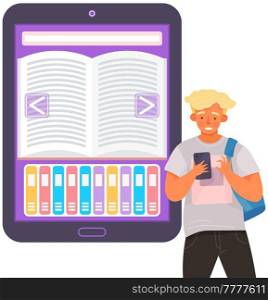 Schoolboy with smartphone is communicating. Male character using mobile device. Young boy is using online library online. Person uses technology for studying. Smiling guy looking at phone screen. Male character using mobile device. Young boy is using online library online