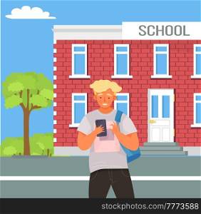 Schoolboy with smartphone is communicating. Male character using mobile device near school. Young boy is chatting online. Person uses technology for studying. Smiling guy looking at phone screen. Schoolboy with smartphone is chatting near school. Male character using mobile device for studying