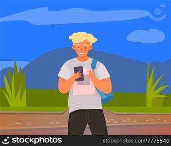 Schoolboy with smartphone is communicating. Male character using mobile device. Young boy is chatting online. Person uses technology for studying. Smiling guy looking at phone screen. Schoolboy with smartphone is chatting. Male character using mobile device for studying