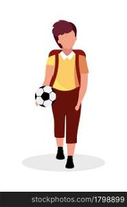 Schoolboy with soccer ball semi flat color vector character. Full body person on white. Little boy with backpack isolated modern cartoon style illustration for graphic design and animation. Schoolboy with soccer ball semi flat color vector character
