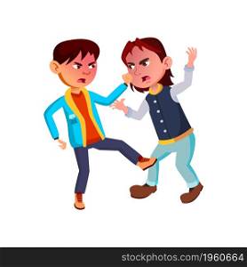 Schoolboys Fighting In School Corridor Vector. Aggressive Asian And Caucasian Boys Fighting On Playground Togetherness. Mad And Crazy Characters Fight And Flat Cartoon Illustration. Schoolboys Fighting In School Corridor Vector