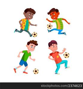 Schoolboys Playing Soccer Sport Game Set Vector. School Boys Playing Soccer With Ball On Football Field. Characters Preteen Children Sportive And Energy Time Flat Cartoon Illustrations. Schoolboys Playing Soccer Sport Game Set Vector