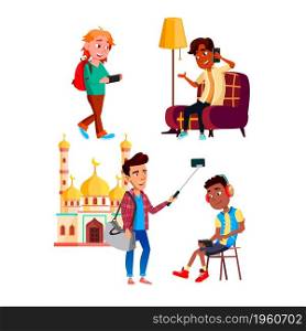 Schoolboys Using Smartphone Device Set Vector. School Boys Use Smartphone Gadget For Make Selfie And Watching Movie, Playing Video Game And Communicate. Characters Flat Cartoon Illustrations. Schoolboys Using Smartphone Device Set Vector