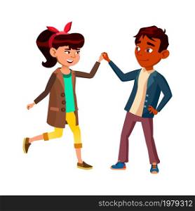 Schoolchildren Couple Dancing Together Vector. Latin Schoolboy Dancing Energy Dance With Japanese Schoolgirl On Party. Characters Recreational Time And Friendship Flat Cartoon Illustration. Schoolchildren Couple Dancing Together Vector