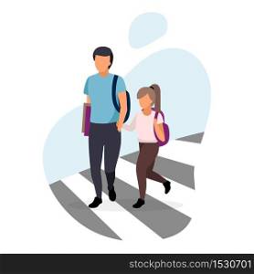 Schoolchildren crossing the road flat vector illustration. Older brother with younger sister holding hands on crosswalk cartoon characters. Preteen schoolgirl and teenage schoolboy on white background