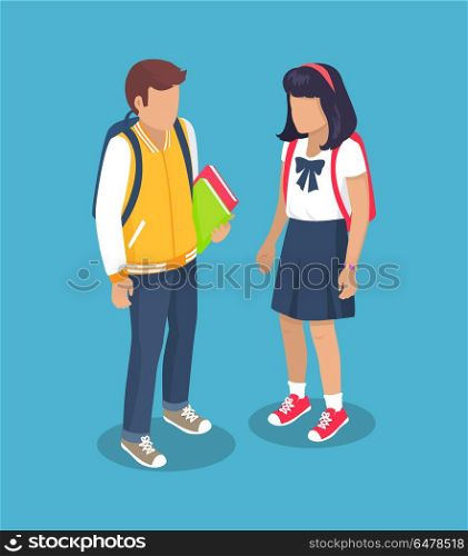 Schoolchildren from Secondary School with Backpack. Schoolchildren from secondary school with backpacks, holding books in hands vector illustration isolated. Pupils cartoon characters with rucksack