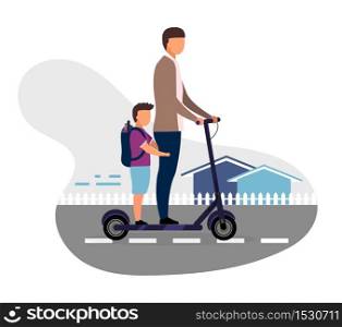 Schoolchildren riding scooter together flat vector illustration. Schoolboy with younger brother cartoon characters on white background. Teenage and preteen children going to school. Kids have fun