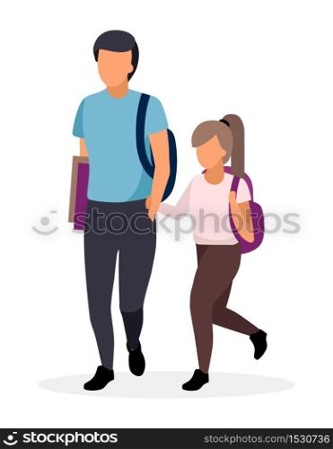 Schoolchildren, schoolkids walking flat illustration. Older brother with younger sister holding hands with backpacks cartoon characters. Preteen schoolgirl and teenage schoolboy on white background