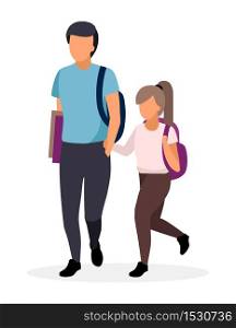 Schoolchildren, schoolkids walking flat illustration. Older brother with younger sister holding hands with backpacks cartoon characters. Preteen schoolgirl and teenage schoolboy on white background
