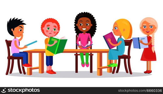 Schoolchildren sitting at desk and reading books, some kids stands near wooden table vector illustration on white background.. Schoolchildren Sitting at Desk and Reading Books