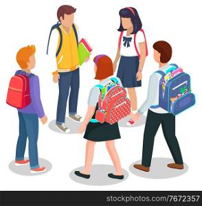 Schoolchildren stand together and talk. Kids in uniform with schoolbags and books. Backpacks inside with supplies vector isolated on white. Back to school concept. Flat cartoon isometric 3d. Schoolchildren Stand Together with Bags and Books