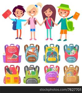 Schoolchildren stand with schoolbags and books. Kids hold hands and smile to go back to school. Bagpacks with stationery for study vector illustration. Back to school concept. Flat cartoon. Schoolchildren with Bags and Books Stand and Smile