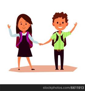 Schoolgirl and schoolboy stands and waves one hand, other arm keeps together. Lovely schoolchildren with color knapsackes vector illustration.. Schoolgirl and Schoolboy Stands and Waves Hand