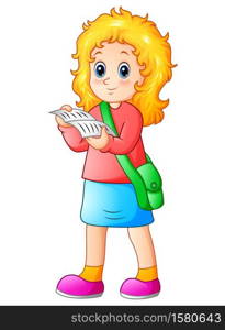 Schoolgirl cartoon reading a textbook