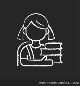 Schoolgirl chalk white icon on black background. Physical, cognitive child growth. Mental development. Elementary education. Relationship skills improvement. Isolated vector chalkboard illustration. Schoolgirl chalk white icon on black background